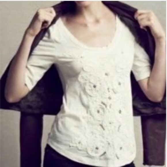 Anthropologie Meadow Rue White Cotton French Knot Embellished Tee - Picture 1 of 15